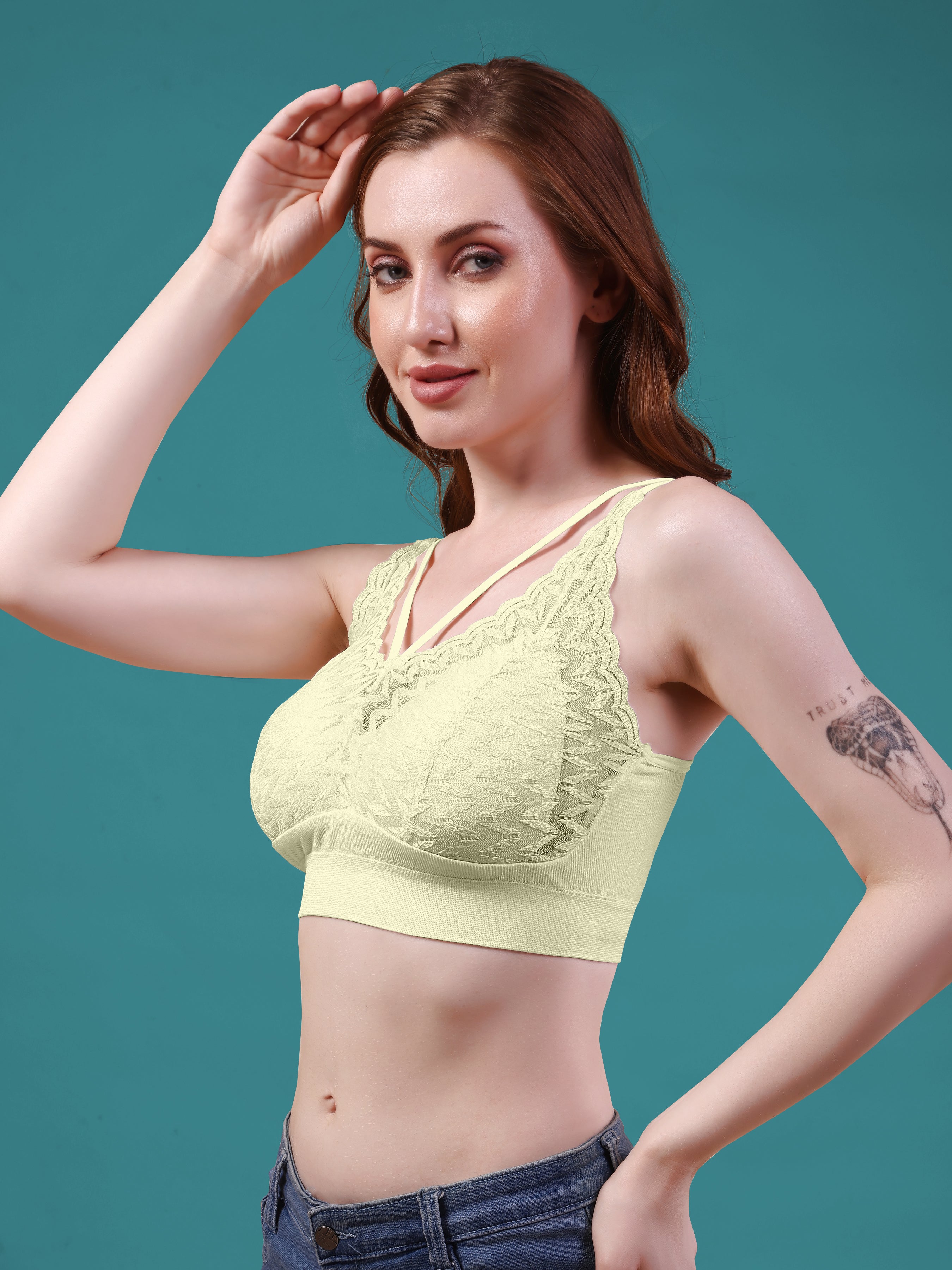 Floral Lace Padded Bra - Comfortable Pull Over Design