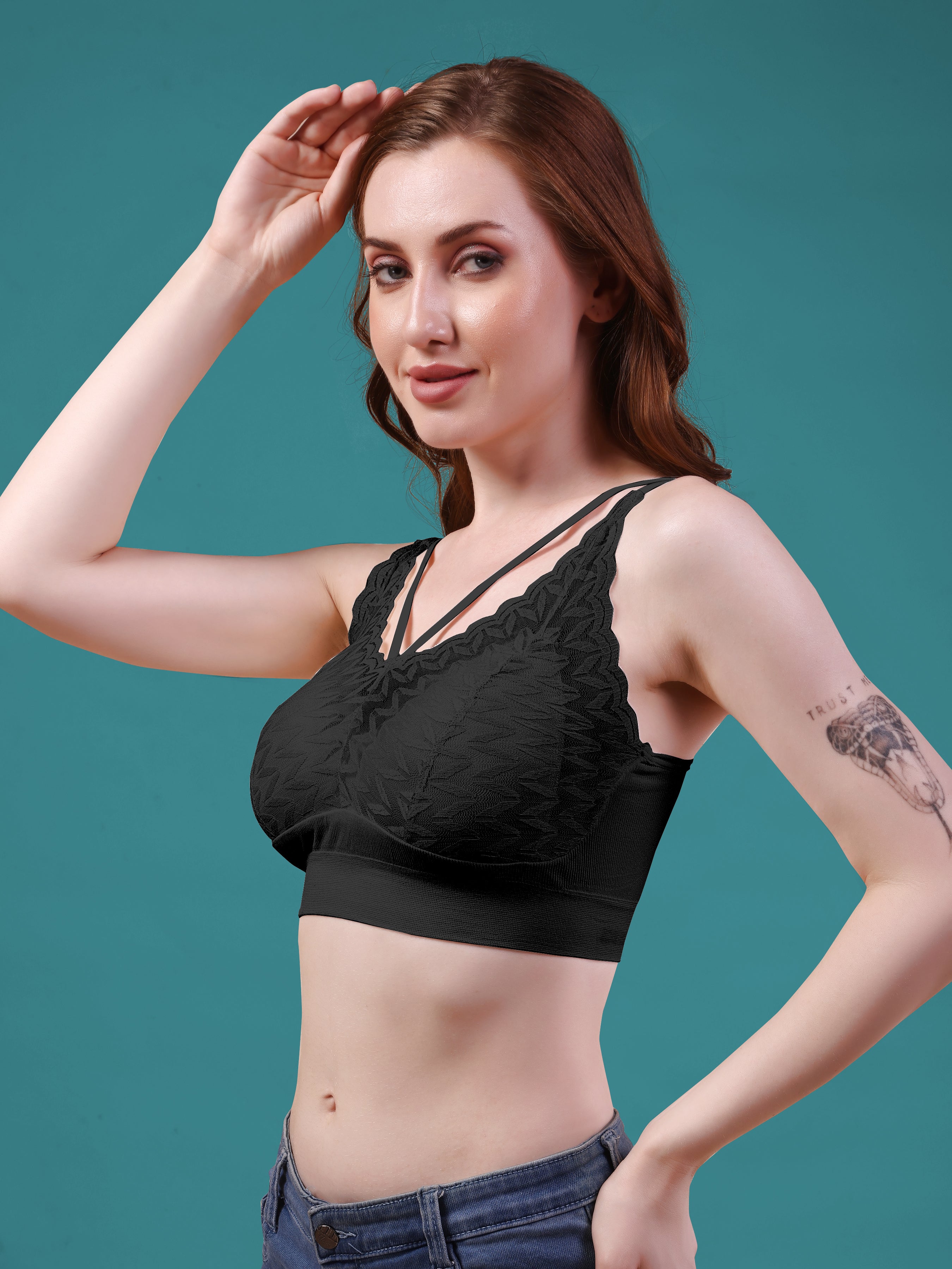 Floral Lace Padded Bra - Comfortable Pull Over Design