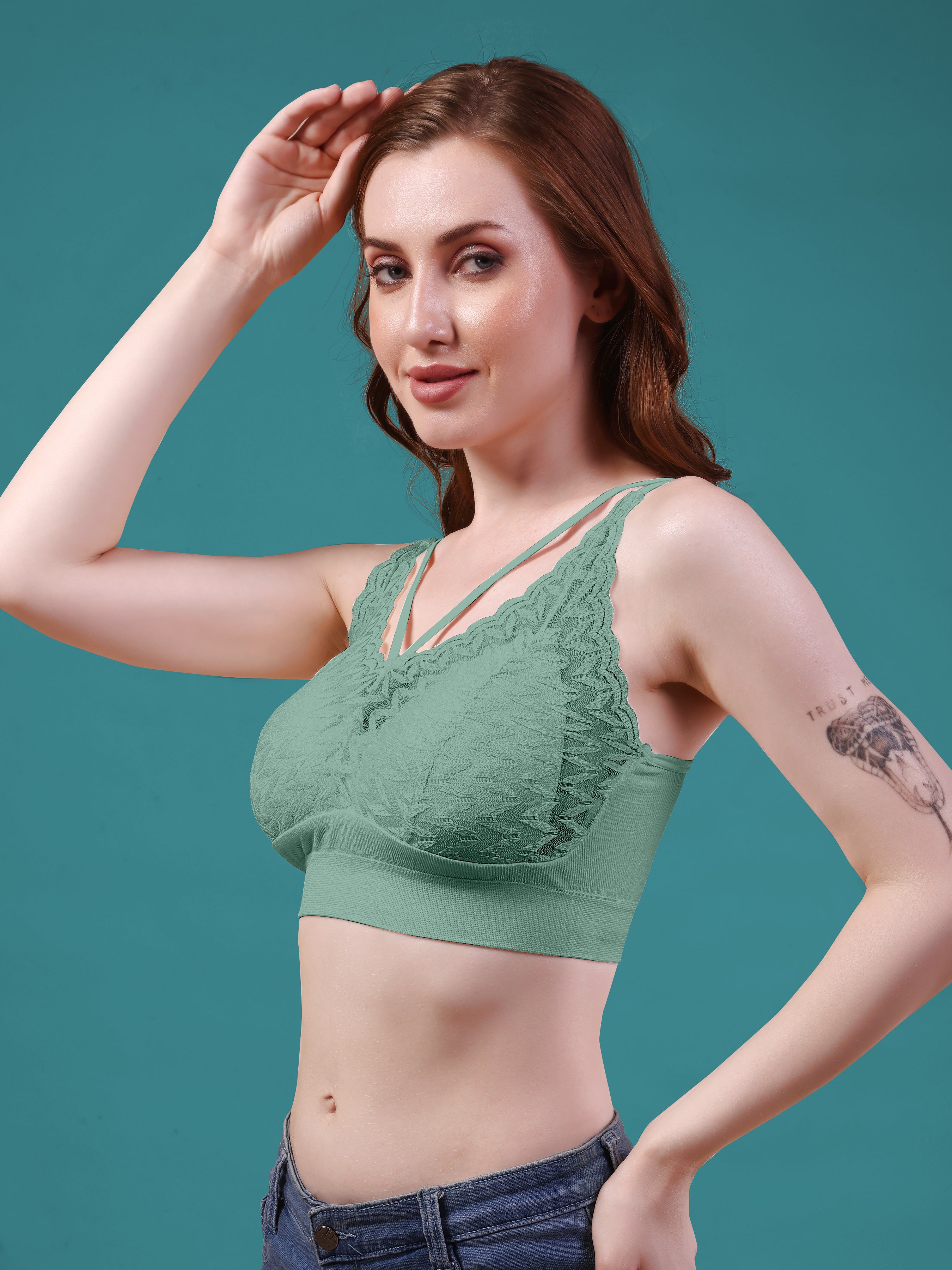 Floral Lace Padded Bra - Comfortable Pull Over Design(Grey)