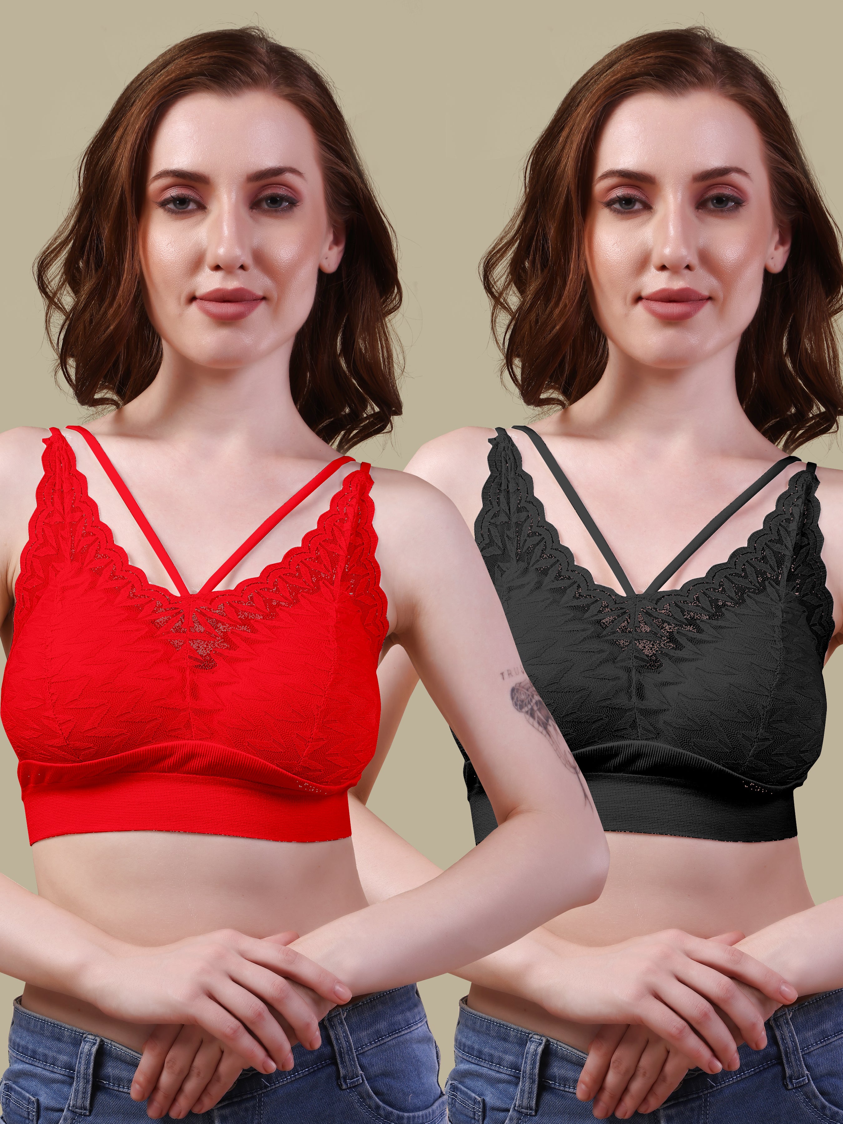 Floral Lace Padded Bra - Comfortable Pull Over Design