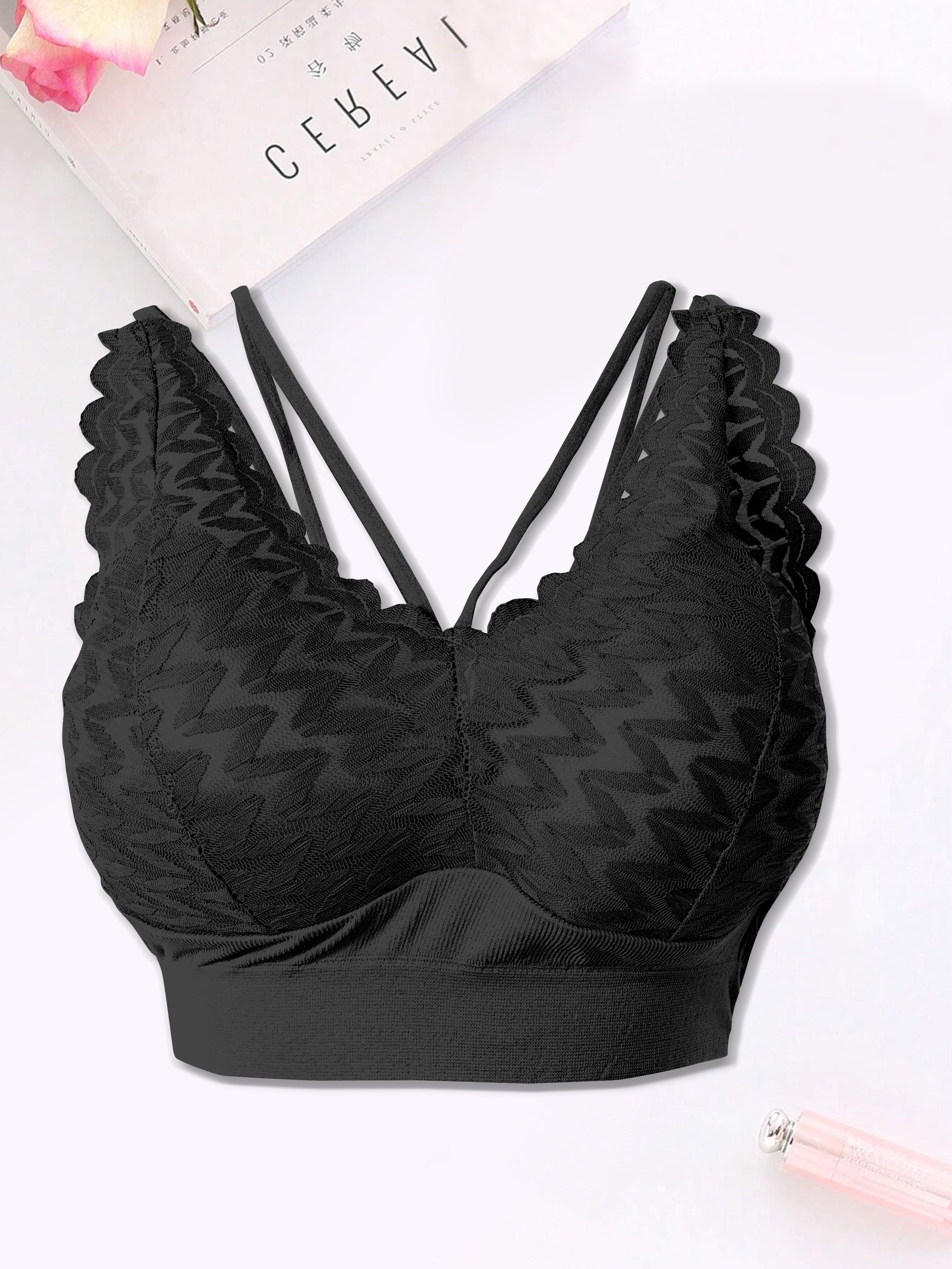 Floral Lace Padded Bra - Comfortable Pull Over Design(Black)